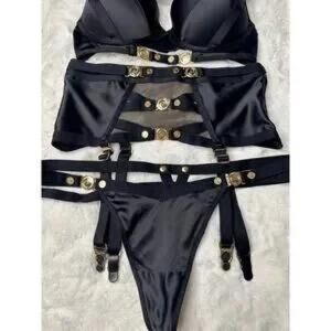 RARE🔥 Honey Birdette COLE🖤 Black & Gold 3 Piece Set 32DD, S Garter, S Thong